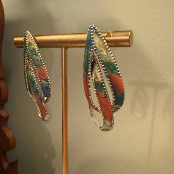 Vintage Silver/ Multicolor Enamel Double Teardrop 1.5” Drop Pierced Earrings - Picture 4 of 8